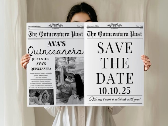 Quinceañera Save the Date Newspaper Template | Canva Invitation for Quince Photoshoot | Custom Sweet 15 Announcement , Quinceanera Invite