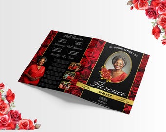 May include: A memorial program with a black and red rose design. The program features a portrait of a woman, the name "Florence Walker", and the text "In Loving Memory of". The program is open, displaying text and photos.