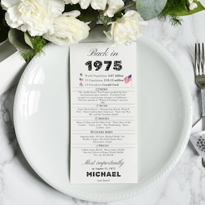 50. Geburtstags-Dinner-Karten, 50. Geburtstag-Partydekoration, 50. Geburtstags-Gastgeschenke, 50. Platzkarten Zurück in 1975, 50. Geburtstags-Dekor