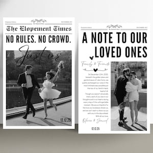 Könnte beinhalten: Zwei Hochzeitsanzeigen im Zeitungsstil in Schwarzweiß. Auf der linken Seite steht "The Elopement Times" mit dem Text "No Rules. No Crowd. Just us." Auf der rechten Seite steht "A Note to Our Loved Ones."