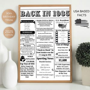 90th Birthday Trivia Fun Facts , Back in 1935 Sign , 90th Birthday Party Decor ,Born in 1935 Trivia , 90th Birthday Gift, 90th birthday gift