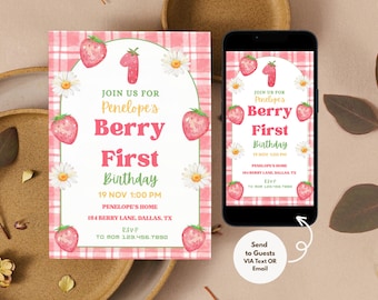 Zaproszenie na pierwsze urodziny Berry w kształcie truskawki, Zaproszenie na pierwsze urodziny Berry, Zaproszenie na pierwsze urodziny truskawki, Zaproszenie na pierwsze urodziny Berry dla dziewczynki 01