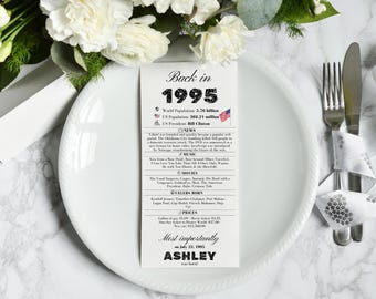 30. Geburtstags-Dinner-Karten, 30. Geburtstag-Partydekoration, 30. Geburtstags-Gastgeschenke, 30. Platzkarten Zurück in 1995, 30. Geburtstags-Dekor