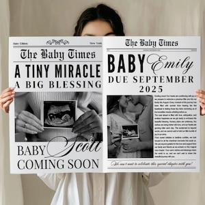 Plantilla de anuncio de embarazo, anuncio de embarazo en periódico Canva, periódico de embarazo para baby shower, ideas para revelar el género del embarazo