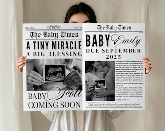 May include: A black and white newspaper-style announcement with the headline "The Baby Times." The left side reads "A Tiny Miracle, A Big Blessing, Baby Scott Coming Soon." The right side says "Baby Emily, Due September 2025."