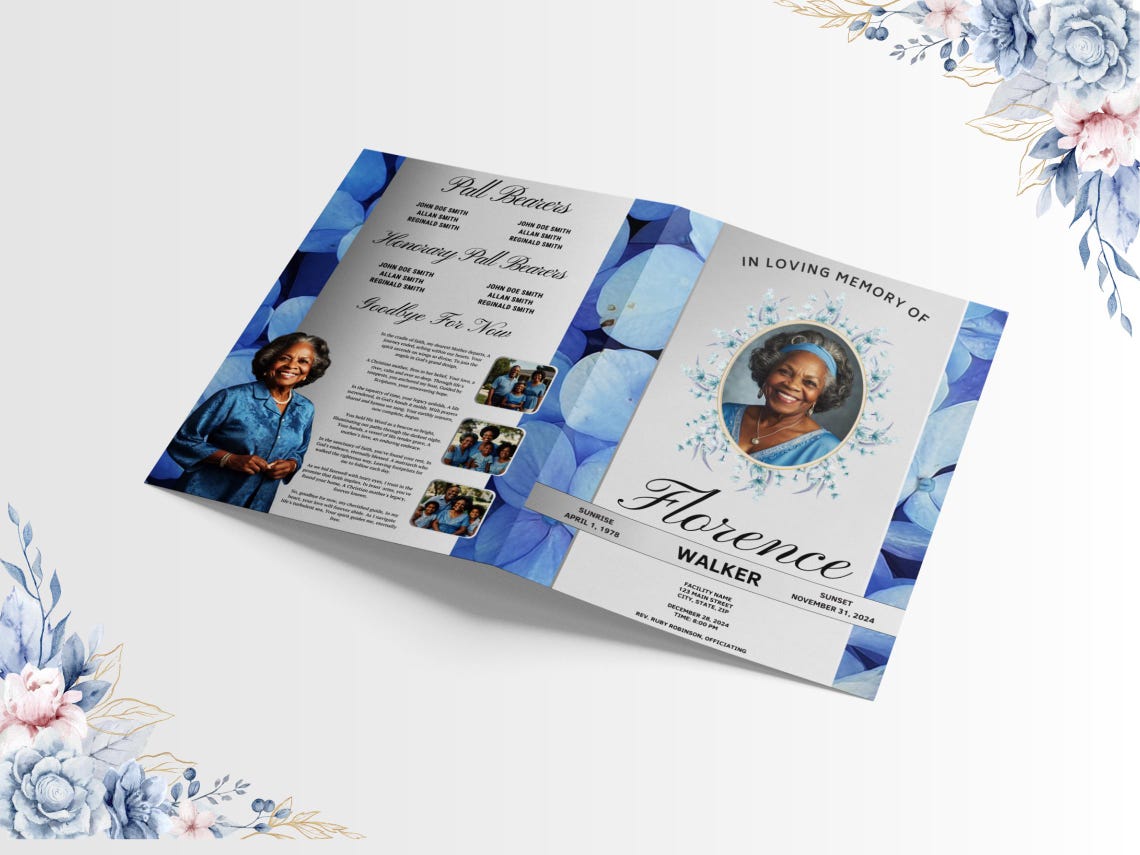 Navy Blue Obituary Program Template , Blue Funeral Program , Editable