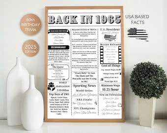 60th Birthday Trivia Fun Facts , Back in 1965 Sign , 60th Birthday Party Decor , Born in 1965 Trivia ,60th Birthday Gift, 60th birthday gift