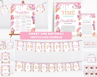 Sweet One Birthday Bundle , Sweet One Party 1st Birthday Bundle, Girl First Birthday Decor, Ice Cream Invitation, 1St Birthday Bundle 02