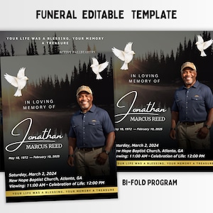 Puede incluir: Plantilla de programa fúnebre plegable con una foto de un hombre, palomas y texto. El texto incluye "In Loving Memory of Jonathan Marcus Reed" y detalles del evento. El fondo presenta una escena de bosque.