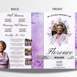 May include: A memorial program with a portrait of a woman surrounded by a floral wreath. The design features a lavender and white colour scheme with text that reads "In Loving Memory of Florence Walker."