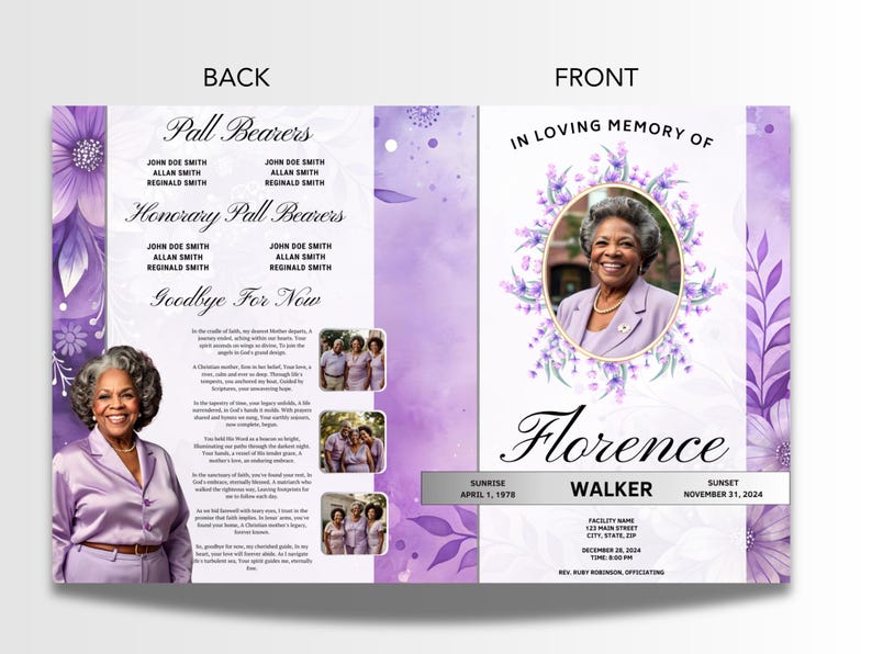 May include: A memorial program with a portrait of a woman surrounded by a floral wreath. The design features a lavender and white colour scheme with text that reads "In Loving Memory of Florence Walker."