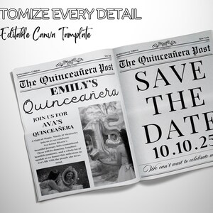 Puede incluir: Anuncio de guardar la fecha de estilo peri&oacute;dico en blanco y negro para una Quincea&ntilde;era. El titular dice "The Quincea&ntilde;era Post" y "Save the Date" con la fecha "10.10.25". El texto "We can't wait to celebrate with you!" est&aacute; en la parte inferior del anuncio.