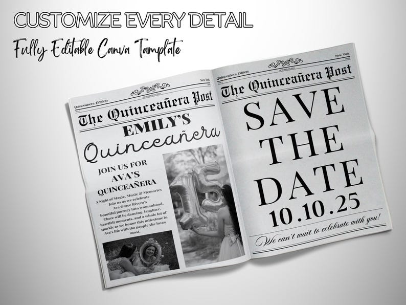 Puede incluir: Anuncio de guardar la fecha de estilo peri&oacute;dico en blanco y negro para una Quincea&ntilde;era. El titular dice "The Quincea&ntilde;era Post" y "Save the Date" con la fecha "10.10.25". El texto "We can't wait to celebrate with you!" est&aacute; en la parte inferior del anuncio.