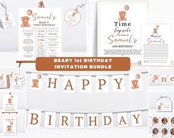 Paquete de invitaciones para el primer cumpleaños de Beary, primer cumpleaños de niño, decoraciones para el primer cumpleaños, invitación de cumpleaños de oso, decoraciones para fiesta de osito de peluche