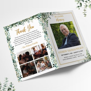 May include: A memorial card with a gold border and a photo of a man. The card includes the text "In Loving Memory" and "Thank You." The card also features family photos and floral accents.