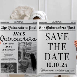 Puede incluir: Anuncio de guardar la fecha en blanco y negro estilo peri&oacute;dico para una Quincea&ntilde;era. El titular dice "The Quincea&ntilde;era Post" y el texto dice "AVA'S Quincea&ntilde;era" y "SAVE THE DATE 10.10.25 We can't wait to celebrate with you!"
