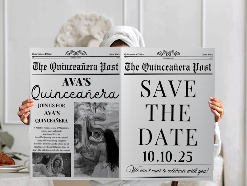 Puede incluir: Anuncio de guardar la fecha en blanco y negro estilo peri&oacute;dico para una Quincea&ntilde;era. El titular dice "The Quincea&ntilde;era Post" y el texto dice "AVA'S Quincea&ntilde;era" y "SAVE THE DATE 10.10.25 We can't wait to celebrate with you!"