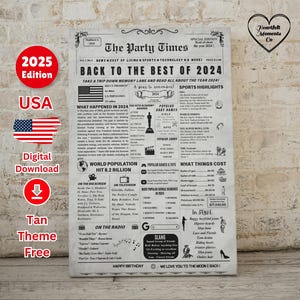 Ideia de cápsula do tempo para o primeiro aniversário, presente de primeiro aniversário, pôster de jornal com retrospectiva de 2024, lembrança de primeiro aniversário para menino ou menina