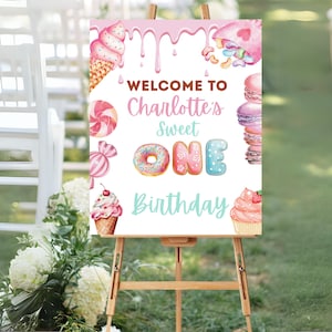 Sweet One Welcome Sign , Sweet One 1st Birthday Welcome Sign Poster Dessert sign Girl Ice cream Candy Donut , Sweet One Poster Sign 02