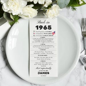 Cartes pour dîner 60e anniversaire , décorations de fête 60e anniversaire , cadeaux 60e anniversaire , cartes marque-places 60e Retour en 1965 , décoration 60e anniversaire