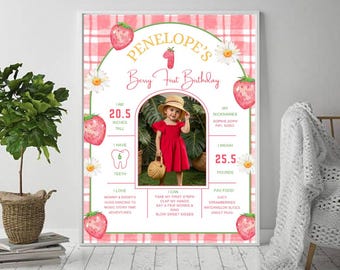 Cartaz de marco de primeiro aniversário de frutas vermelhas editável com foto, Placa de marco de primeiro aniversário de frutas vermelhas, Placa de marco de morango