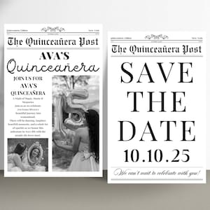 Puede incluir: Anuncio de guardar la fecha de estilo peri&oacute;dico en blanco y negro para una Quincea&ntilde;era. El anuncio dice "The Quincea&ntilde;era Post" y "Save the Date 10.10.25".
