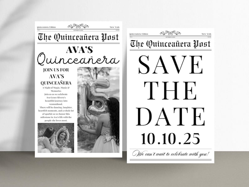 Puede incluir: Anuncio de guardar la fecha de estilo peri&oacute;dico en blanco y negro para una Quincea&ntilde;era. El anuncio dice "The Quincea&ntilde;era Post" y "Save the Date 10.10.25".