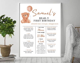 Beary First Birthday Milestone Sign ANY AGE, Bear 1st Birthday Milestone Board, Baby First Birthday Poster , 1st Birthday Bear Balloons 05