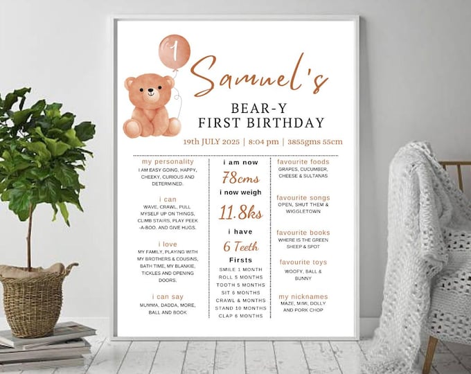 Beary First Birthday Milestone Sign, Bear 1st Birthday Milestone Board ...
