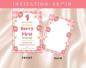 Zaproszenie na pierwsze urodziny Berry dla dziewczynki, Zaproszenie na pierwsze urodziny Strawberry, Zaproszenie na pierwsze urodziny Berry, Zaproszenie na pierwsze urodziny Strawberry