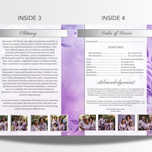 May include: A memorial service program with a purple floral design. The inside pages include an obituary, order of service, and acknowledgements. Photos of family members are at the bottom.