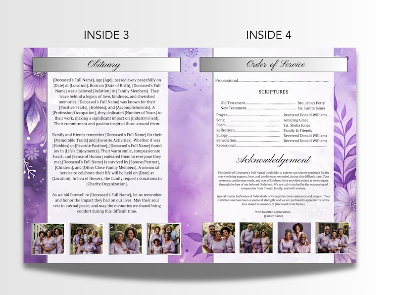 May include: A memorial service program with a purple floral design. The inside pages include an obituary, order of service, and acknowledgements. Photos of family members are at the bottom.