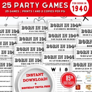 Born in 1940 Games , 85th Birthday Party Games Bundle , Back in 1940 Trivia Fun Facts |85th Birthday Games | 85th Birthday Family Games
