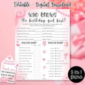 Who Knows The Birthday Girl Best Game , Printable Teen Birthday Games , How Well Do You Know , Pink Birthday Party Games ,Birthday Girl Quiz