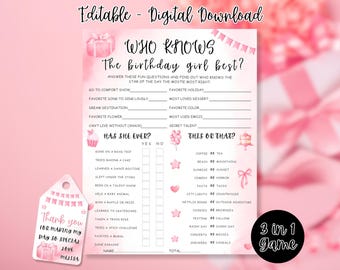 Who Knows The Birthday Girl Best Game , Printable Teen Birthday Games , How Well Do You Know , Pink Birthday Party Games ,Birthday Girl Quiz