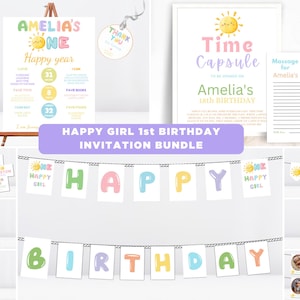One Happy Girl Birthday Invitation Bundle , Sunshine Birthday Invitation, Sun 1st Birthday Invite for Girl, Happy Girl Birthday Party Invite