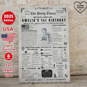 Cartaz de jornal de 1º aniversário, pôster de aniversário de 2024, presentes de 1º aniversário para bebê, presentes de 1º aniversário, cápsula do tempo do primeiro aniversário
