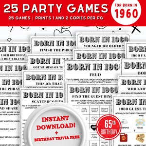 65th Birthday Party Games Bundle , Back in 1960 Party Games ,Back in 1960 Trivia Fun Facts | 65th Birthday Games| 65th Birthday Family Games