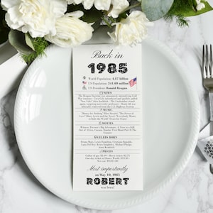 40. Geburtstags-Dinner-Karten, 40. Geburtstag-Partydekoration, 40. Geburtstags-Gastgeschenke, 40. Platzkarten Zurück im Jahr 1985, 40. Geburtstags-Dekor