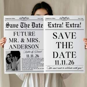 May include: A newspaper-style wedding announcement with the headline "Save The Date." The announcement features the names "Future Mr. & Mrs. Anderson," the date 11.11.26, and a black and white photo. The text "Extra! Extra!" is also displayed.