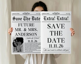 婚約新聞告知テンプレート、未来の夫婦のSave the Date新聞、結婚告知テンプレート、婚約写真撮影のアイデア