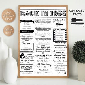 70th Birthday Trivia Fun Facts , Back in 1955 Sign , 70th Birthday Party Decor , Born in 1955 Trivia , 70th Birthday Gift,70th birthday gift