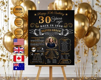 Póster de pizarra para el 30.º cumpleaños, póster de cumpleaños de 1996, pizarra del 30.º aniversario, regalo del 30.º cumpleaños, póster del 30.º cumpleaños