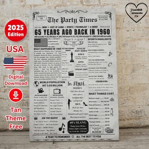 65歳の誕生日の新聞看板 - 1960年生まれの誕生日ポスター、男性/女性への65歳の誕生日プレゼント、1960年生まれの事実、妹の65歳の誕生日