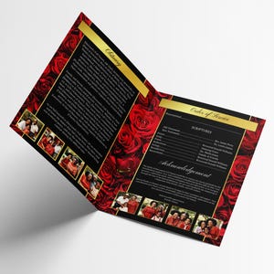 May include: A folded memorial program with a red rose design. The interior features text, gold accents, and family photos. The left side reads "Obituary" and the right side reads "Order of Service."