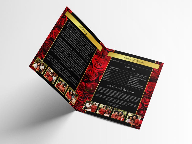 May include: A folded memorial program with a red rose design. The interior features text, gold accents, and family photos. The left side reads "Obituary" and the right side reads "Order of Service."