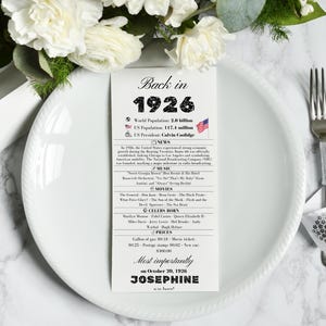 Marcadores de lugar para festa de 100 anos – De volta a 1926 | Decorações para jantar de aniversário de 100 anos