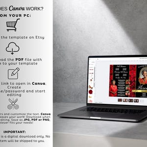 May include: A laptop displays a memorial template with a red rose design and the name "Florence." Instructions on how to use the Canva template are on the left. The text includes "Purchase the template on Etsy" and "Download the PDF file."