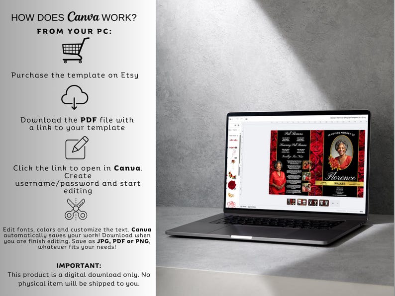May include: A laptop displays a memorial template with a red rose design and the name "Florence." Instructions on how to use the Canva template are on the left. The text includes "Purchase the template on Etsy" and "Download the PDF file."