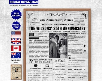 25th Anniversary Gifts , 25th Wedding Anniversary Gift for Couples , Back in 2000 Newspaper Poster Sign, Silver Anniversary, 2000 Newspaper